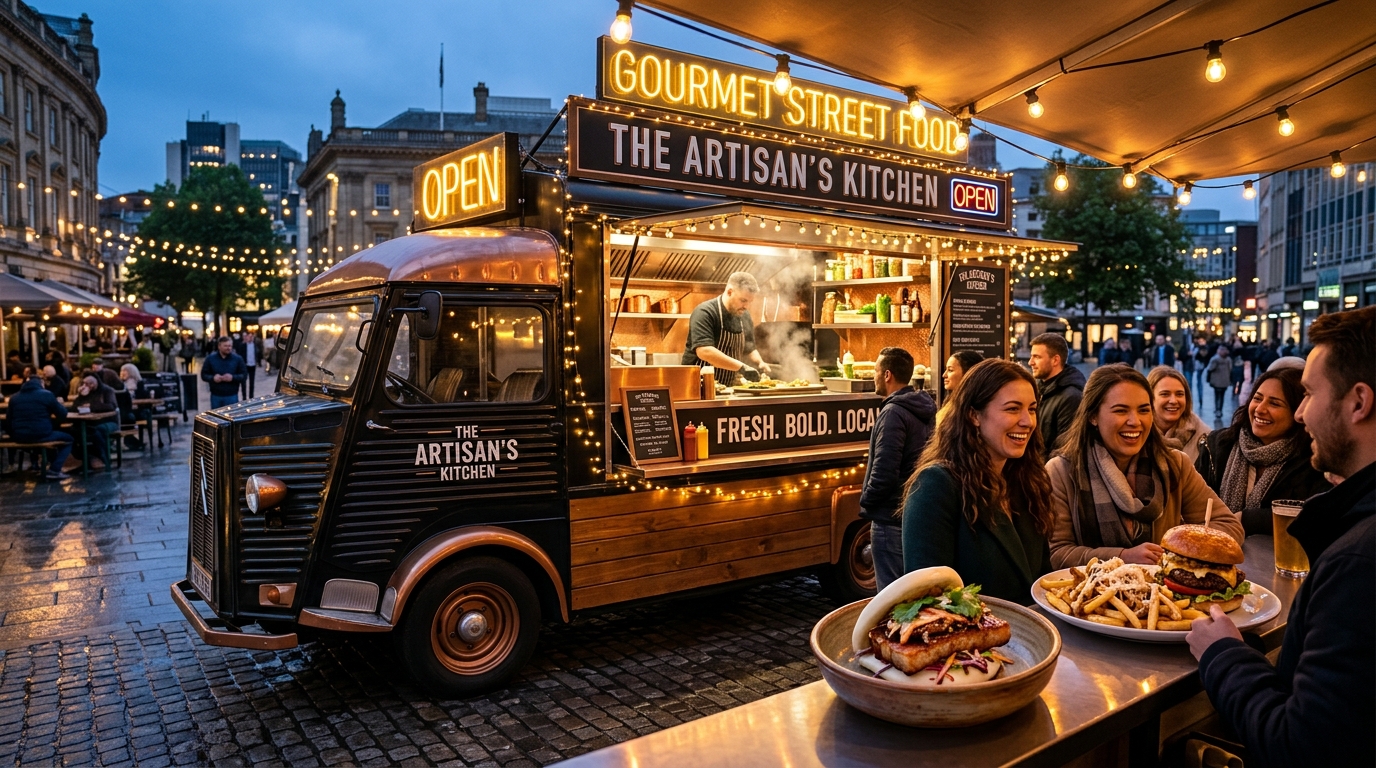 Fuego & Forge Gourmet Food Truck with happy customers at dusk